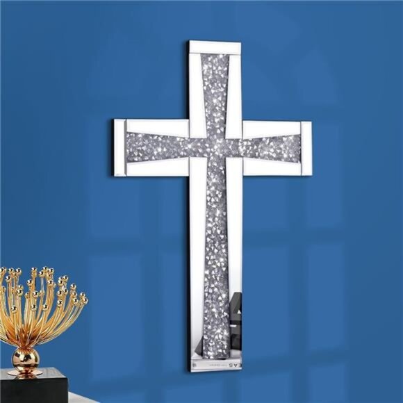 Silver Mirrored Wall Cross 20×13 inch, Crystal Crush Diamond Cross for Wall